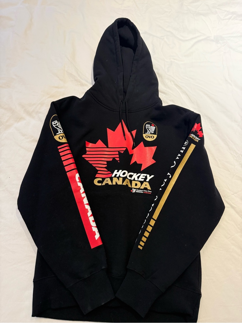 OVO Black Hockey Canada Graphic Crewneck Hoodie with Red and Gold Accents